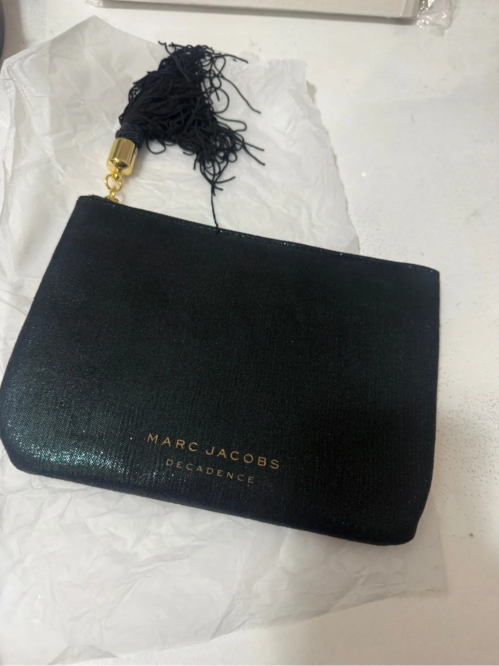 Marc Jacobs Black Shimmer Wristlet makeup bag with Tassel, brand new with box